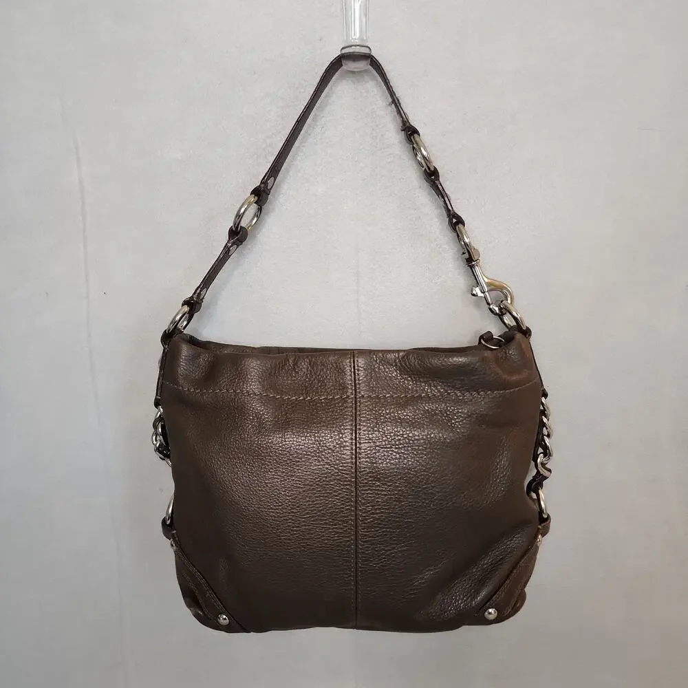COACH CARLY F1073-F15251 Dark Brown Pebbled Leather Chunky Chain Purse Bag Hobo